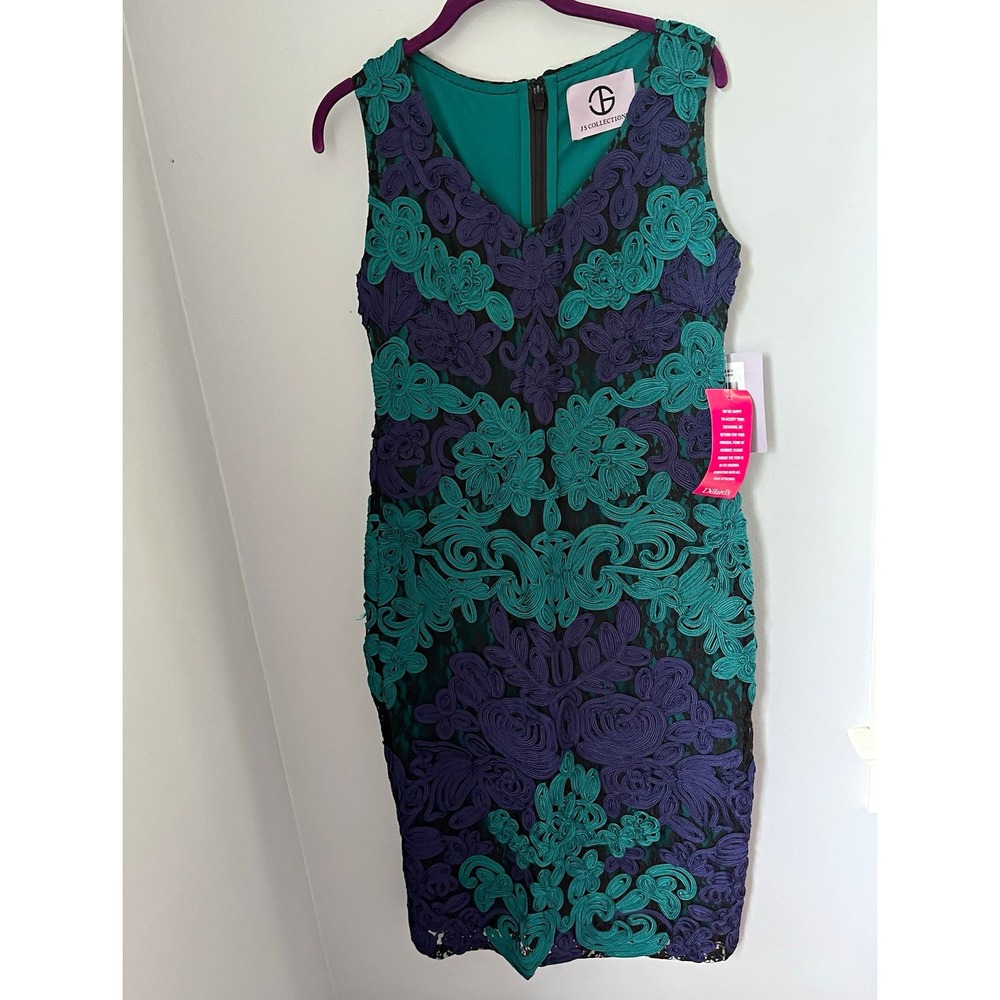 JS Collections Sleeveless Lace Sheath Dress Floral Embroidered V-Neck size 8